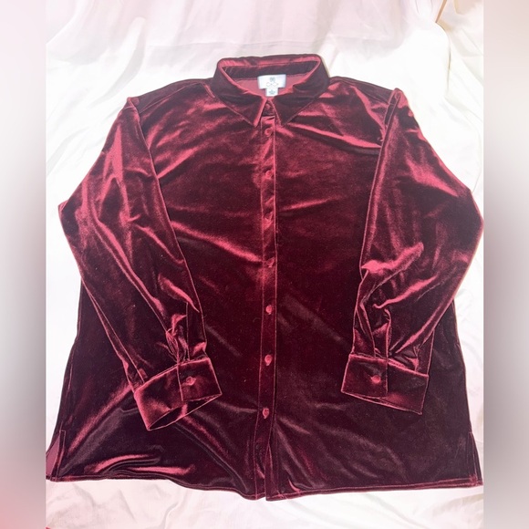 CeCe Tops - CeCe Burgundy Velvet Long Sleeve Button-Down Blouse - Size XL